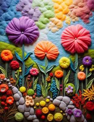 The primary subject of the image is a quilt featuring a variety of flowers and plants. The setting is a field with a sky background, creating a natural and serene atmosphere. The visual style is a combination of digital art and illustration, showcasing intricate details and vibrant colors. The dominant colors include shades of pink, yellow, and orange, which contribute to a warm and inviting mood.